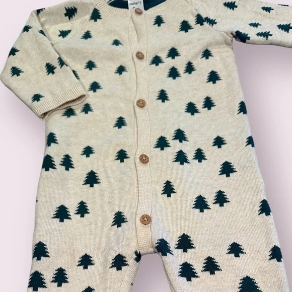 Carter's Baby Cream Knit Sweater Romper with Christmas Tree Print Size 9 Months - Picture 2 of 8